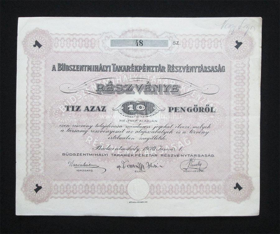 Büdszentmihályi Takarékpénztár részvény 10 pengő 1930